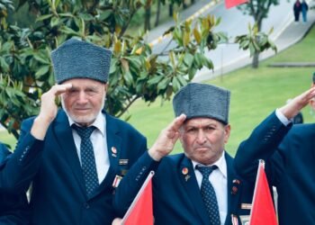 Two elderly veterans saluting during an outdoor ceremony with flags in Balıkesir, Türkiye.