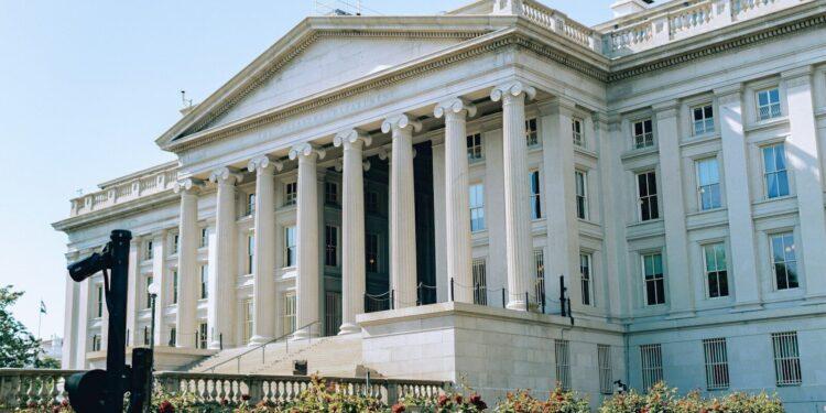 The image shows the united states treasury building.