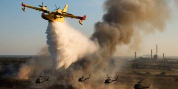 Mezzi aerei in azione per domare le fiamme a Portoscuso