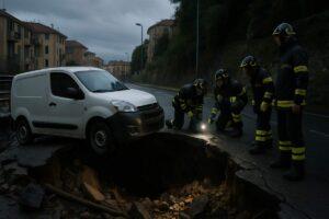 Savona, frana in via Famagosta: crolla la carreggiata